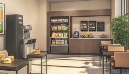 A well-designed office break room with a coffee machine snack station and neatly arranged furniture