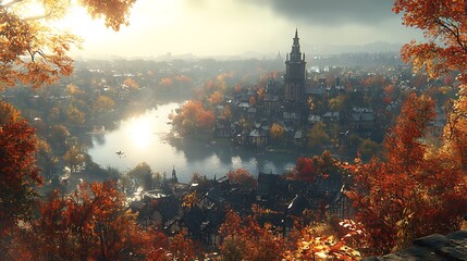 Fototapeta premium A misty autumn morning view of a quaint town with a river, surrounded by trees.