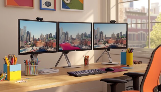 workspace with dual monitors ergonomic chair and colorful office supplies on a wooden desk