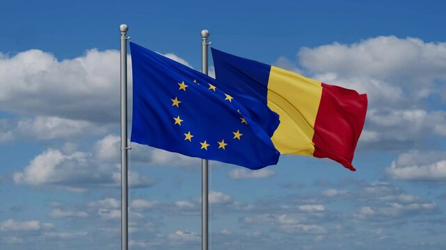 Romania and European Union flags flying together, video concept of the relationship, two country cooperation concept
