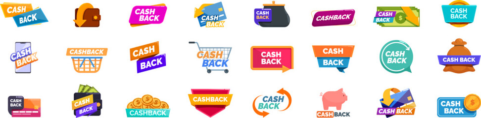 Cash back offer icons set. Set of cashback icons illustrating the concept of money refund