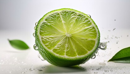 Fresh and juicy sliced lime with water droplets on a white background; Detailed close-up of sliced lime with drops of juice on a white table; selective focus; white background; food photography; slice