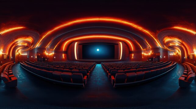 Create a 360-degree equirectangular HDRI image of a futuristic movie theater interior to be used as a background in a render to be used in 360 degree virtual Environment environment should be dark