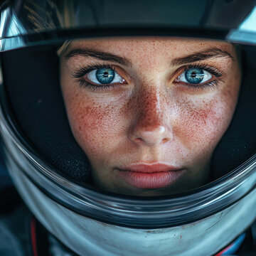 Intense Close-Up of a Focused Girl Racer in Helmet. Motorsport, Formula One, Grand Prix and Rally Concept.