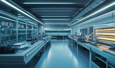Fototapeta premium Modern sterile laboratory with equipment and glowing lights.