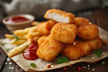 Fototapeta premium A pile of tater tots with ketchup and french fries