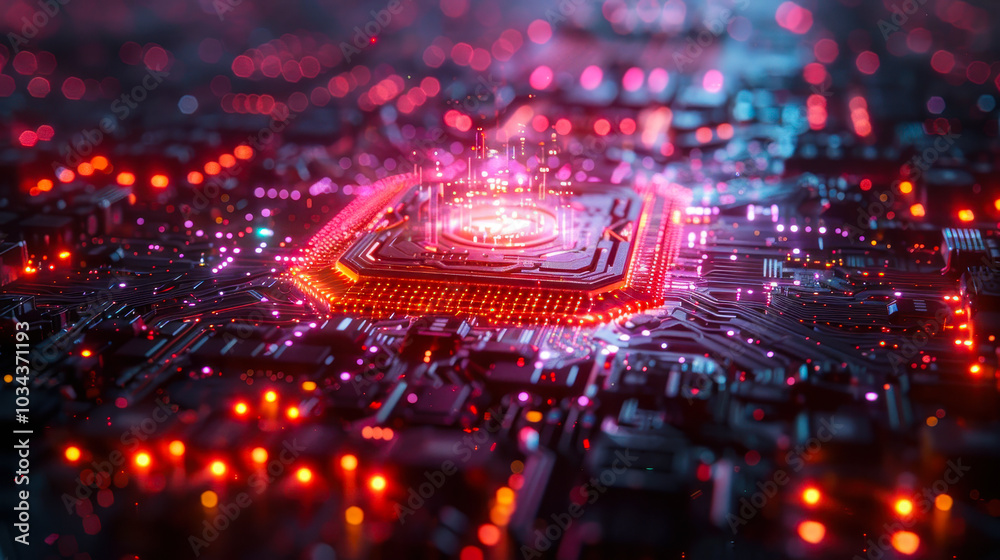 Poster futuristic quantum computer processor with glowing qubits in circuit board ambient light technology 