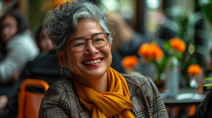 Happy Senior Businesswoman with Disability Bonding with Colleagues at Inclusive Team Building Workshop during the Day in a Bright Office Setting, Embracing Diversity and Positive Culture