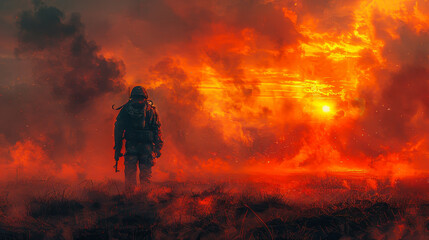 Lonely Soldier After War in Fiery Battlefield at Sunrise, Digital Art, Emotional and Dramatic Concept of Warfare Desolation and Heroism
