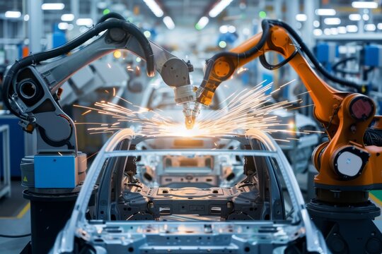 Two robotic arms perform welding on an automobile chassis in a contemporary manufacturing plant filled with machines and activity, creating sparks of light.