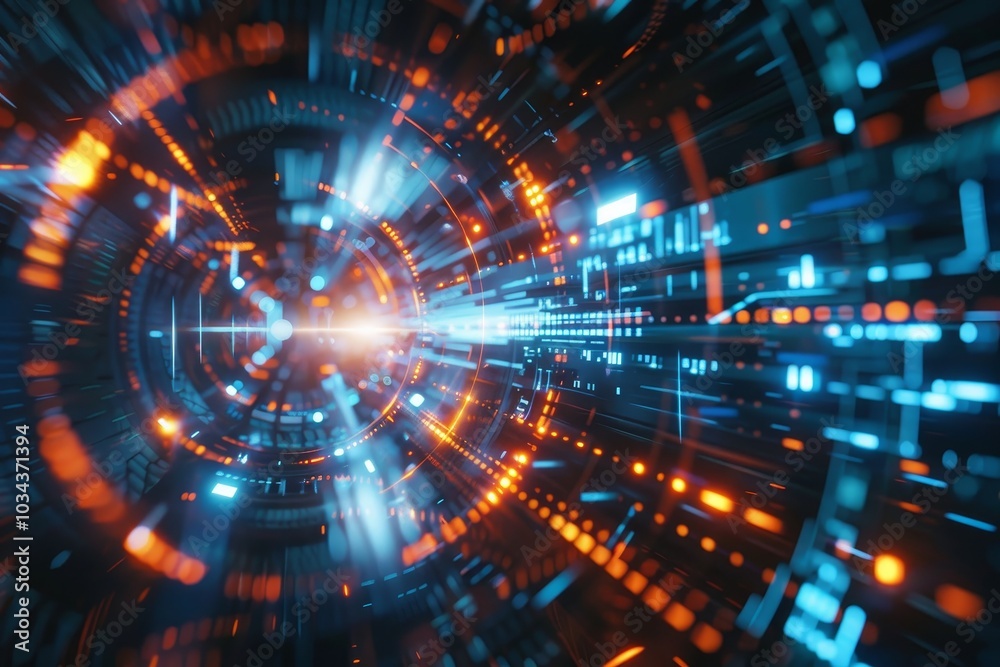 Fototapete A dynamic tunnel of lights and data streams showcases bright blue and orange patterns, creating a captivating visual of energy and motion in a digital environment.