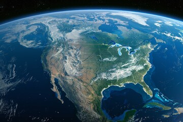 This stunning representation of Earth highlights North America's vast terrain, including mountains, forests, and coastlines, as seen from outer space on a clear day.