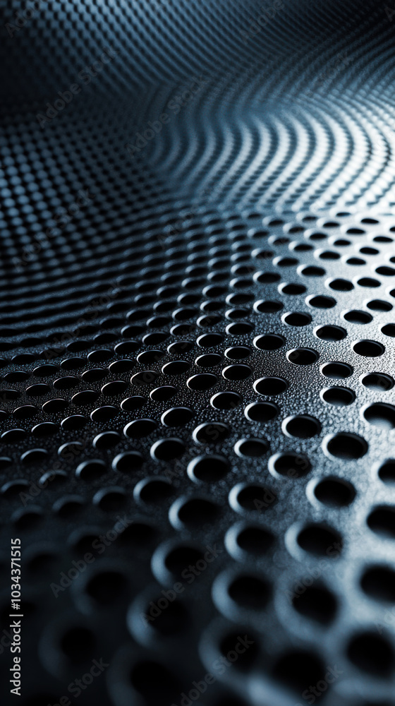 Poster close-up of a textured metal surface with circular patterns creating a flowing wave effect in dim li