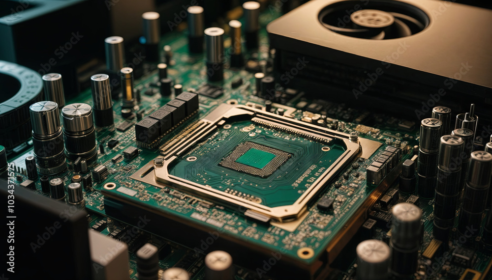 Poster the intricate details of a computer motherboard are highlighted, showcasing a central processing uni
