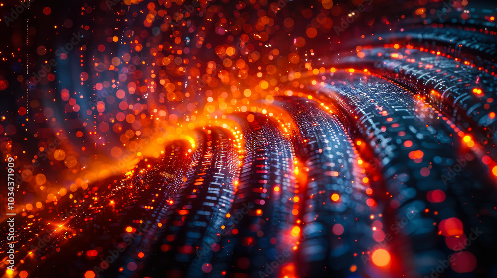 Poster encrypted data streams flowing in digital patterns with abstract light effects representing cybersec