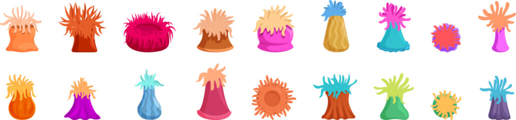 Actinia icons set. Set of cartoon colorful sea anemones showing different shapes and textures