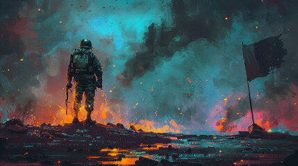 Naklejka premium Solitary Soldier Standing in Battlefield at Dusk After War, Digital Art Illustration Depicting Isolation and Destruction, Emotional and Dramatic Sky with Burning Remnants and a Lonely Tattered Flag