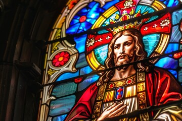 A beautifully crafted stained glass window showcases Jesus Christ adorned with a crown, set within the ornate architecture of a historic church, creating a striking visual effect.