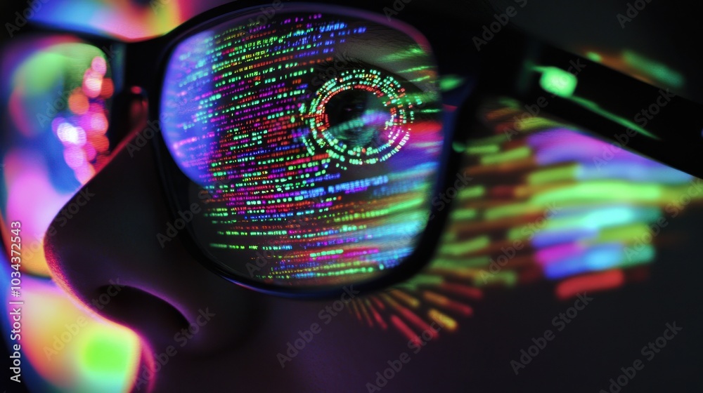 Poster Closeup of a Person Wearing Glasses with Colorful Reflections of Computer Code