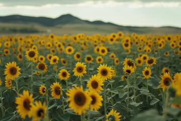 Fototapeta premium A vast field filled with blooming sunflowers stretches toward the horizon, framed by distant hills under a cloudy sky in late afternoon light.
