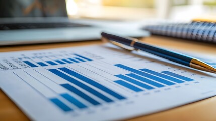 Fototapeta premium Blue Bar Graph with a Pen on a Desk