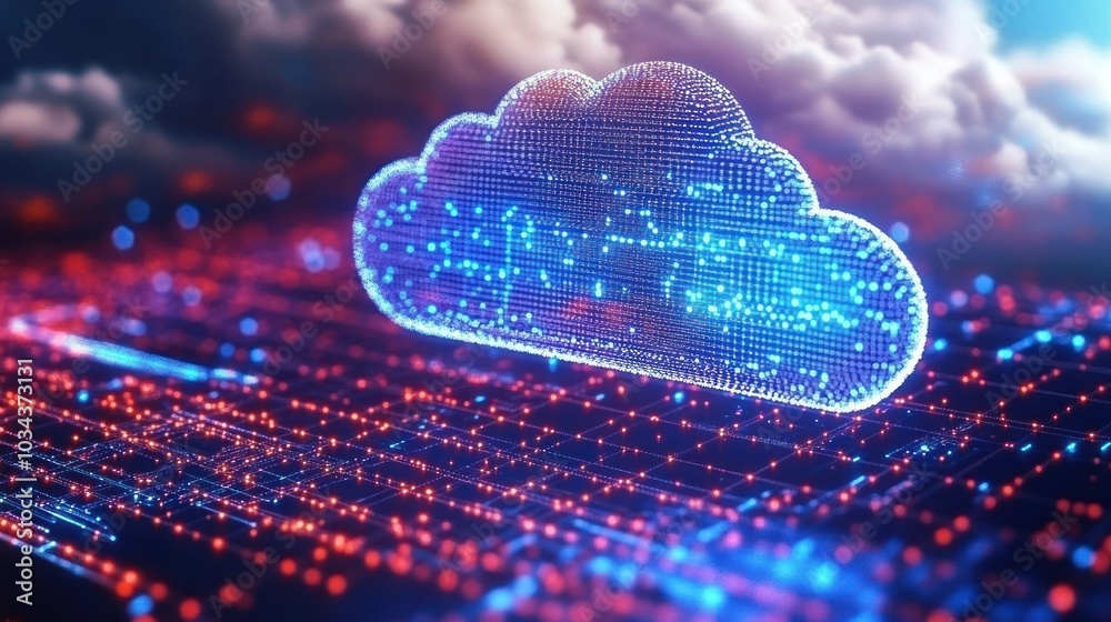 Poster Digital Cloud Symbol Above Networked Data Lines