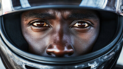 Intense Close-Up of a Focused Black Man Racer in Helmet. Motorsport, Formula One, Grand Prix and Rally Concept.