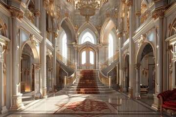 Obraz premium Bright daylight streams through large windows, highlighting the ornate architecture and grand staircase in a luxurious mansion's entrance hall.