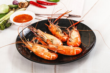 Boiled tiger prawn with sauce