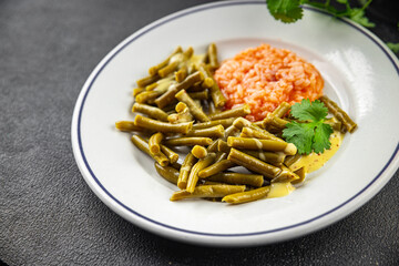 Green beans food ready to eat tasty food dish fresh delicious gourmet food background on the table rustic top view copy space top view keto and paleo diet мegetarian and vegan food