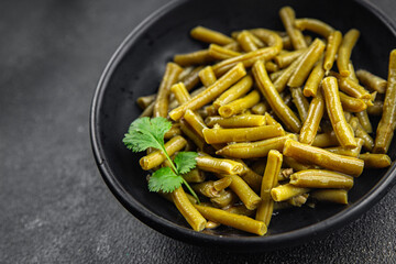 Green beans food ready to eat tasty food dish fresh delicious gourmet food background on the table rustic top view copy space top view keto and paleo diet мegetarian and vegan food