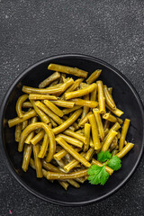 Green beans food ready to eat tasty food dish fresh delicious gourmet food background on the table rustic top view copy space top view keto and paleo diet мegetarian and vegan food