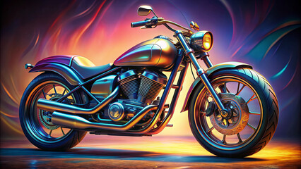 Fototapeta premium The motorcycle stands proudly with its polished surfaces reflecting the colorful, swirling background, creating an eye-catching display of power and design