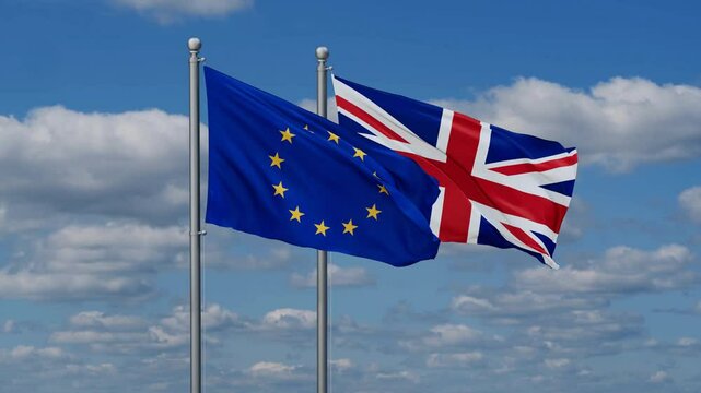 United Kingdom and European Union flags flying together, video concept of the relationship, two country cooperation concept