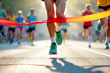 Marathon runner crossing the finish line, breaking the red tape. The sunlit street adds a sense of accomplishment and excitement.