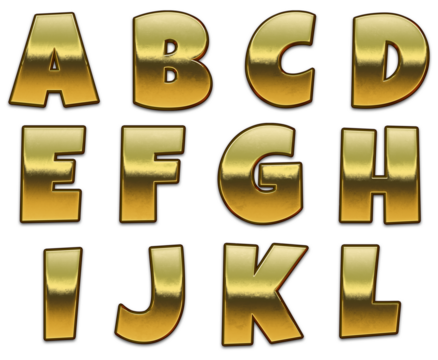 Gold letters on a transparent background. English golden text cartoon alphabet set. Gold letters. A, B, C, D, E, F G, H, I, J, K, L - Powered by Adobe