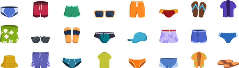 Male beach wear icons set. Collection of colorful summer clothes and accessories perfect for a vacation on the beach