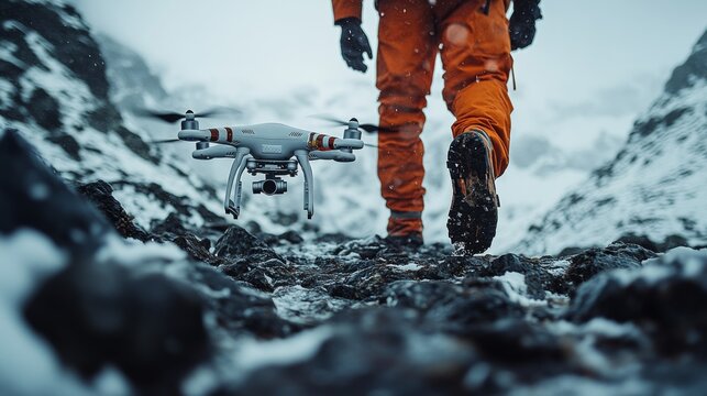 A person dressed in bright orange walks on rocky ground covered with snow, controlling a drone hovering nearby in the chilly mountain setting.