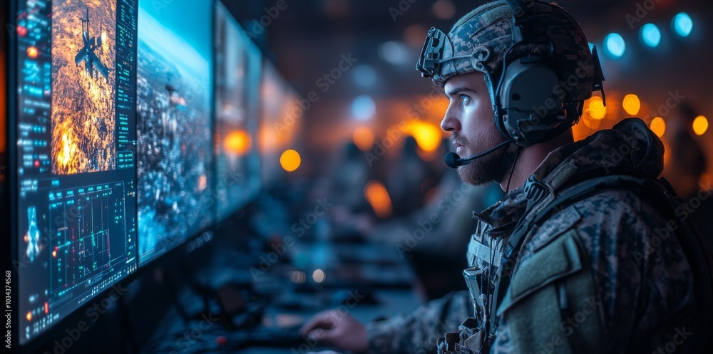 Poster A soldier focuses intently on multiple high-resolution screens displaying satellite imagery and tactical data