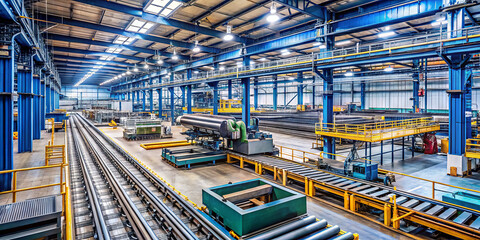 A vast industrial warehouse features organized storage, machinery, and production lines under bright overhead lighting, demonstrating efficient operations during the day