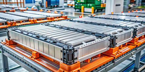 In a high-tech manufacturing environment, battery packs designed for electric vehicles are organized on assembly lines, showcasing innovation and precision engineering in production