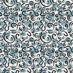 Seamless abstract textured pattern. Texture in black, blue, white colors. Digital brush strokes. Dots, lines, circles. Design for textile fabrics, wrapping paper, background, wallpaper, cover.