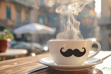 White mug with hot coffee and black mustache on wooden table in coffee shop on street. Movember month or Father's day concept