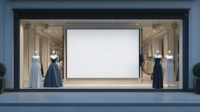 A boutique features a striking display of elegant dresses showcased in its window at dusk. Mannequins wear a variety of styles, enticing evening shoppers in a vibrant urban setting.