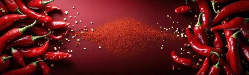 Many red peppers that are on a red surface