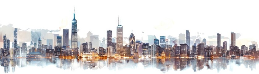 Fototapeta premium Watercolor Cityscape A Double Exposure of a Modern Metropolis Reflected in Still Water