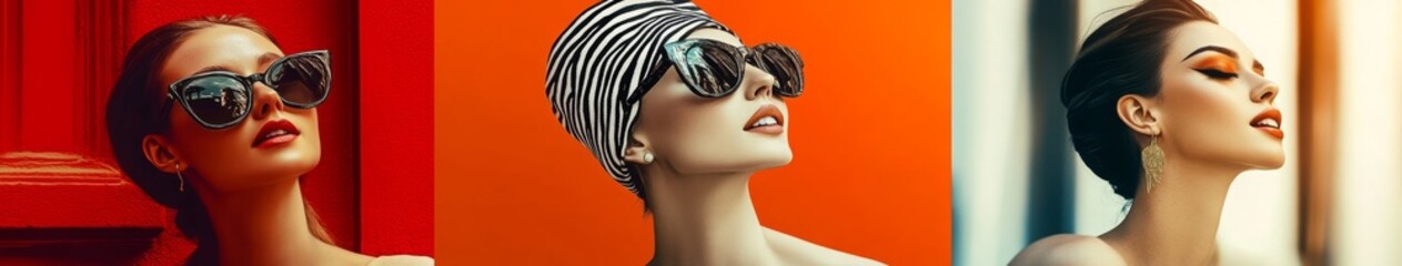 a banner with portraits of three women with different hairstyle and sunglasses