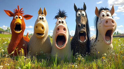 3d rendering of a group of funny horses in a meadow