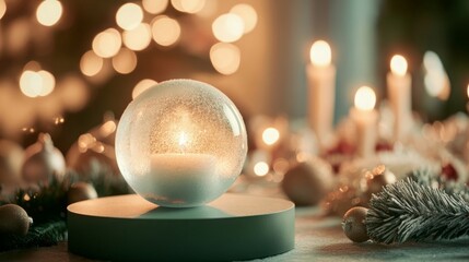 A snow globe containing a burning candle rests on a circular base. The snow globe sits on a table with other Christmas decorations, including an artificial evergreen sprig and a golden bauble.