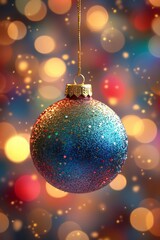 glittery blue christmas ball hanging against colorful bokeh background. Season greetings concept